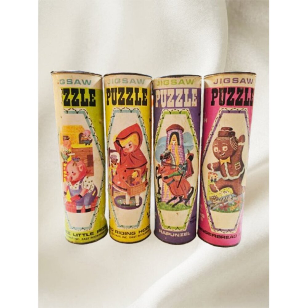 Vintage 1960s HG Gilmar Whitman Canister 4 Puzzles Red Riding Hood Rapunzel Pigs